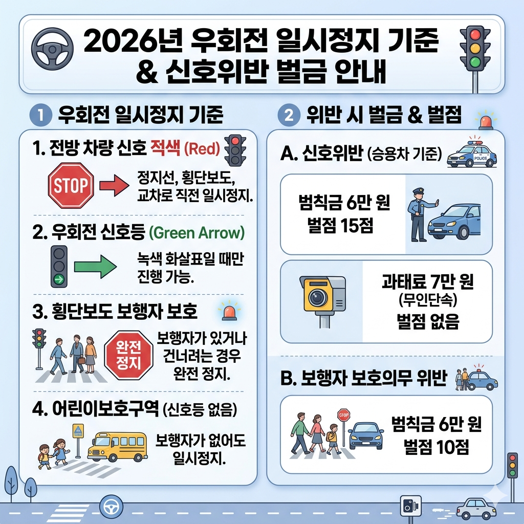 우회전 신호위반 벌금 범칙금&middot;과태료&middot;벌점&middot;일시정지 기준 인포그래픽