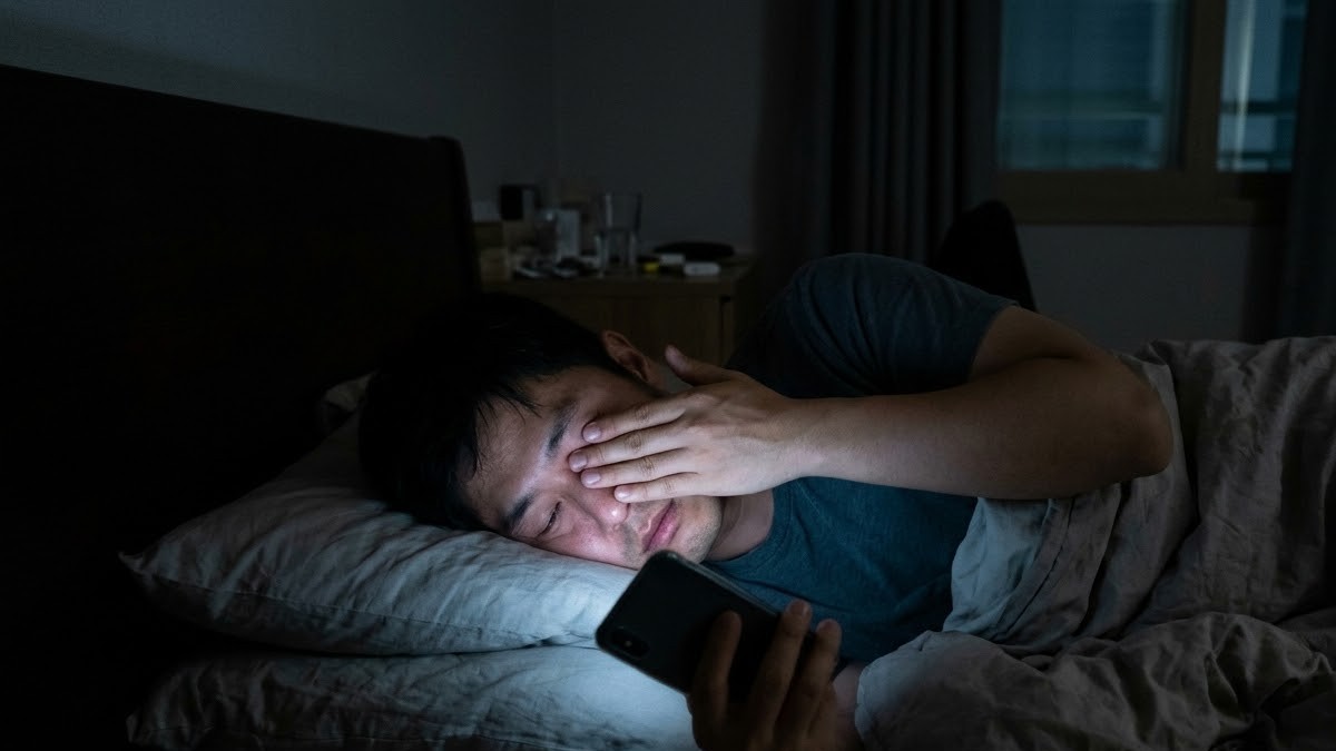 어두운 침실에서 스마트폰을 보다 눈을 비비는 남성