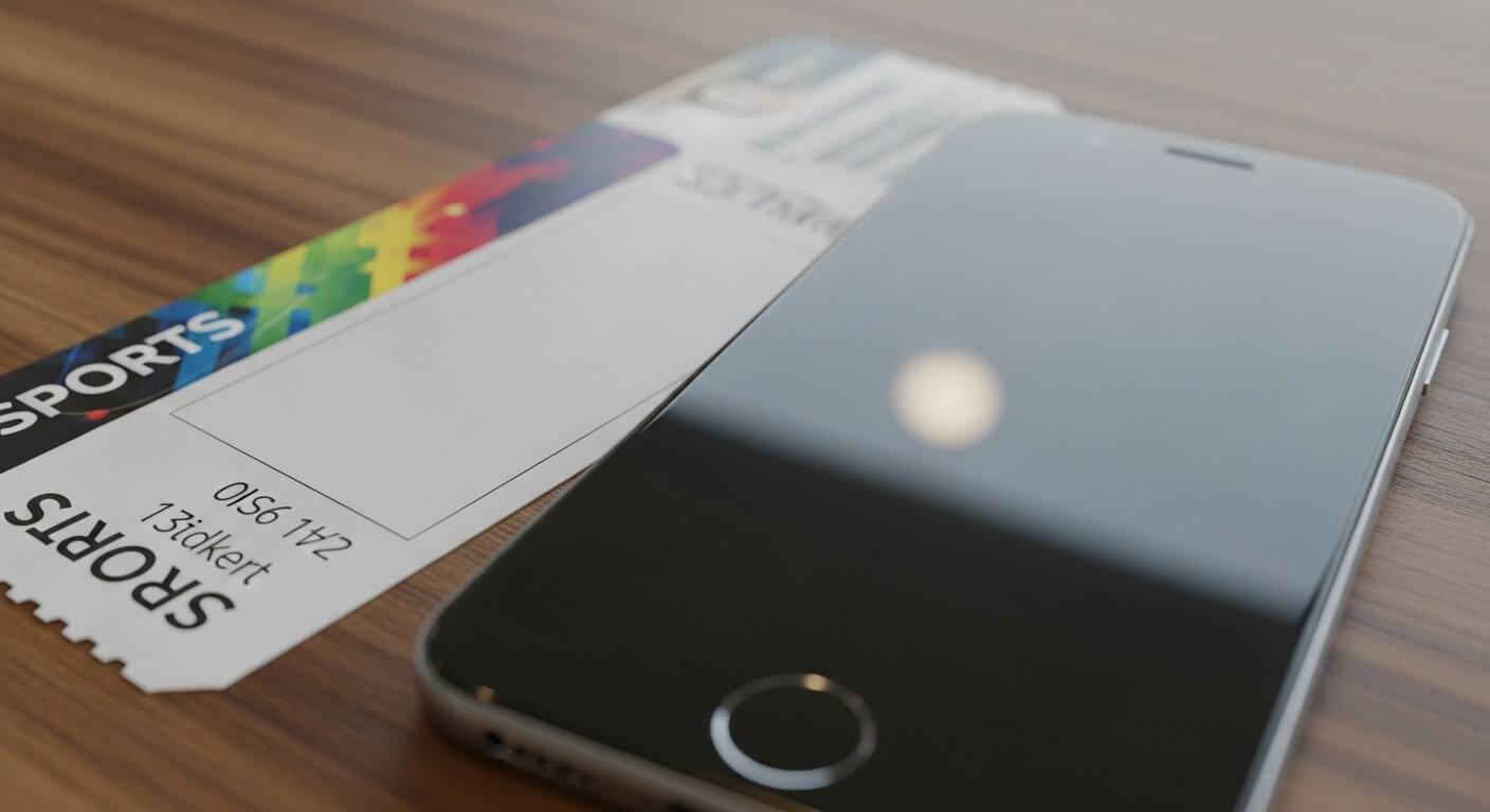 쿠팡플레이 스포츠패스 가입을 상징하는 스포츠 경기 티켓과 스마트폰 클로즈업