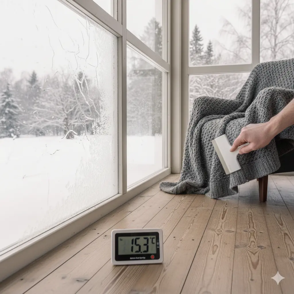 보온시트를 부착한 직후 베란다 유리창 근처의 온도 변화를 확인하는 온도계 장면
