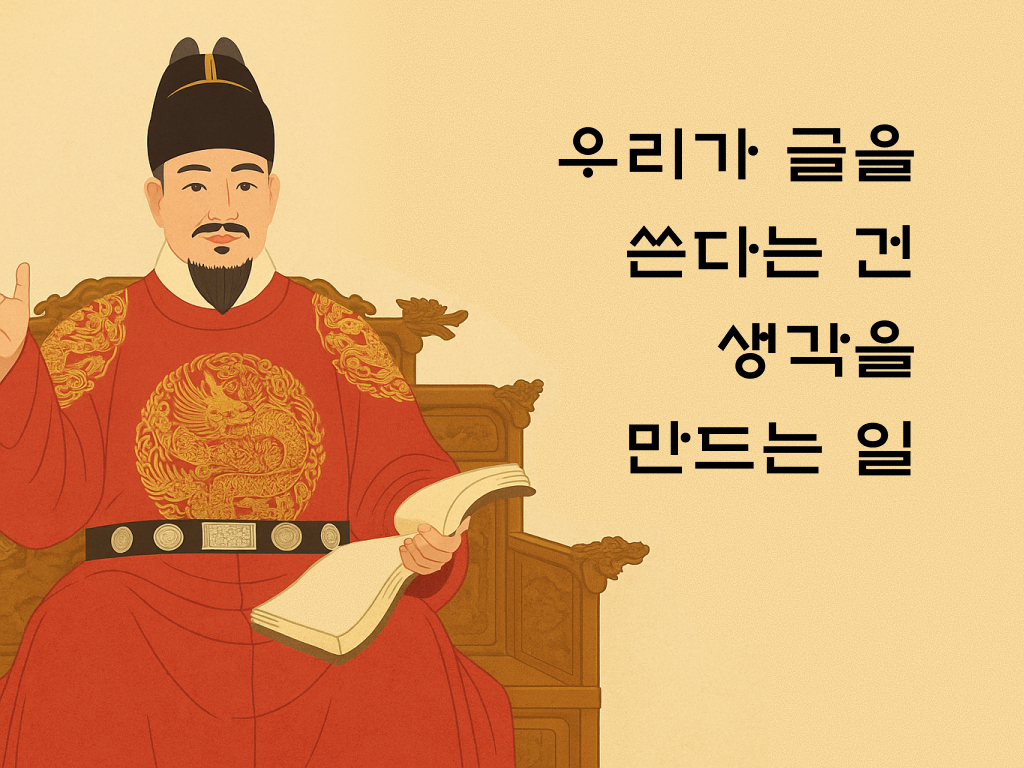붉은 곤룡포를 입은 세종대왕이 의자에 앉아 책을 들고 있는 평면 일러스트. 오른쪽에는 넓은 여백 위로 ‘우리가 글을 쓴다는 건 생각을 만드는 일’이라는 문구가 배치된 1200×630 크기의 한글날 기념 썸네일 이미지.