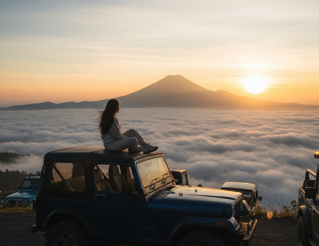 발리 바투르 산에서 운해와 일출을 바라보는 여행자