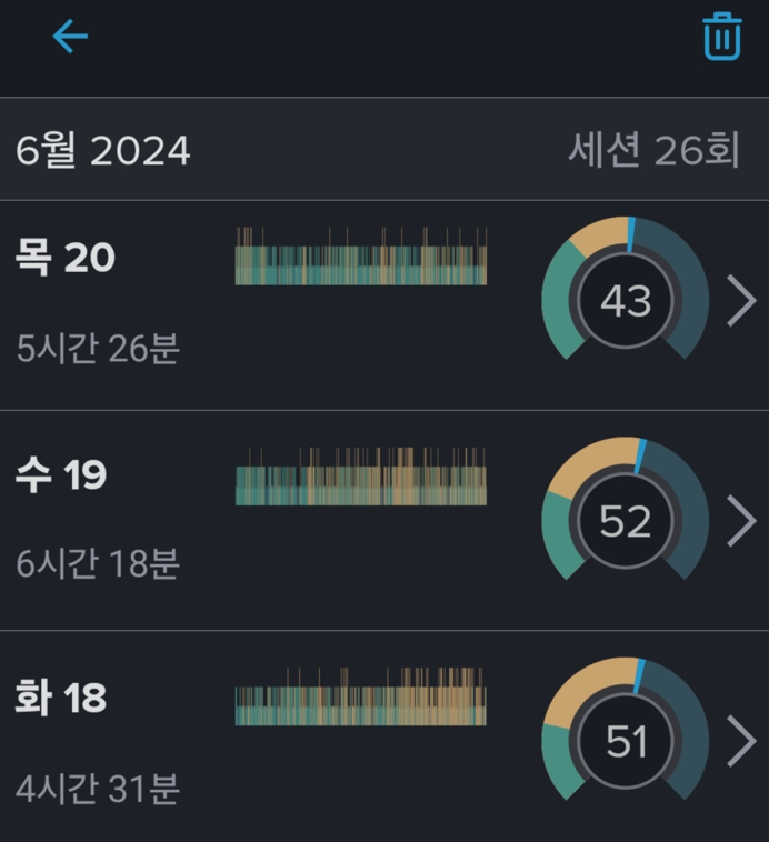2024년 6월 18일부터 20일까지 SnoreLab 점수 51점 52점 43점 기록 화면