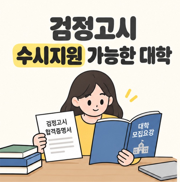 검정고시 수시지원 가능한 대학이라는 제목 아래 지원자가 검정고시 합격증명서와 대학 모집요강을 펼쳐 보는 모습