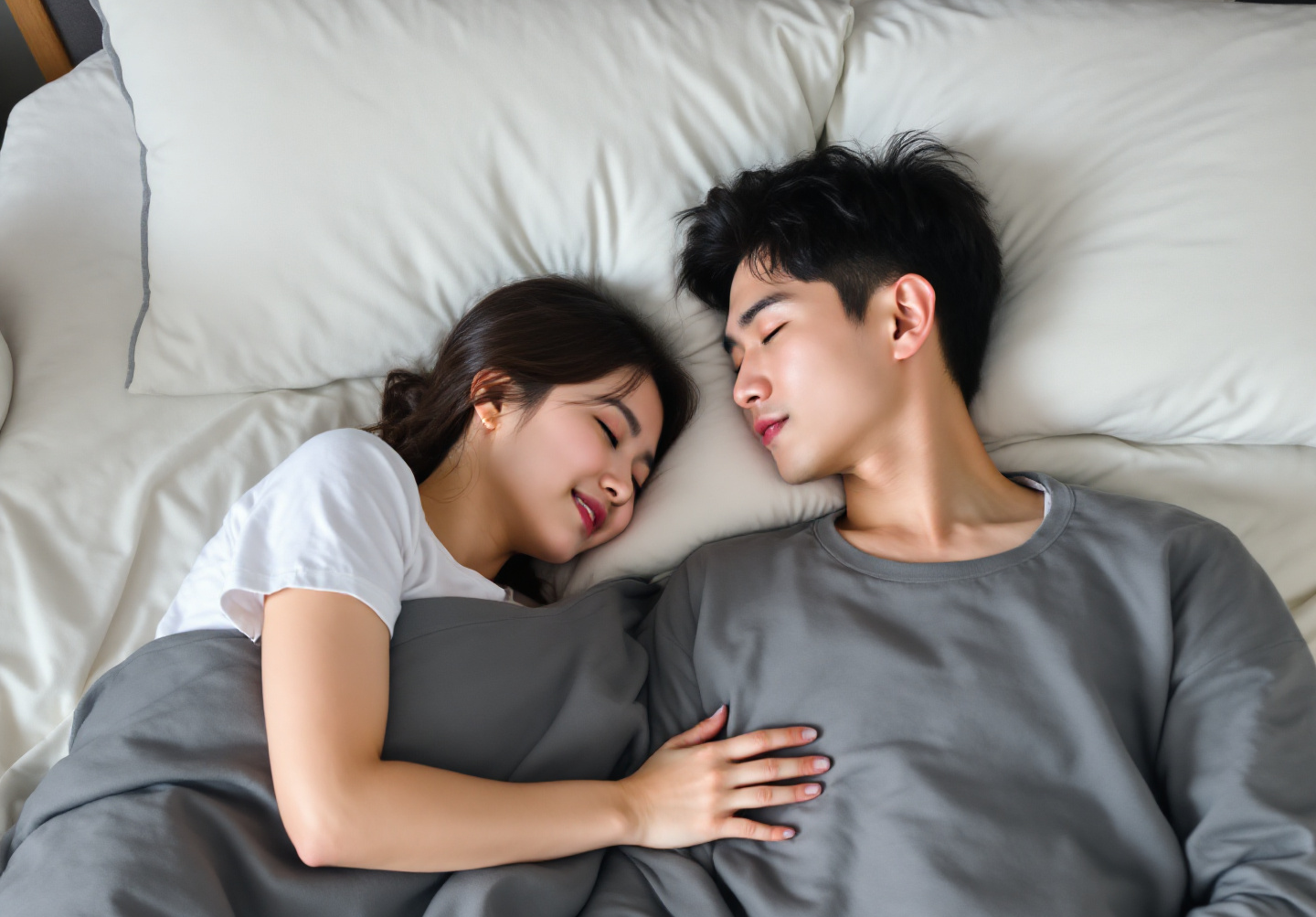 침대에서 잠을 자고 있는 부부