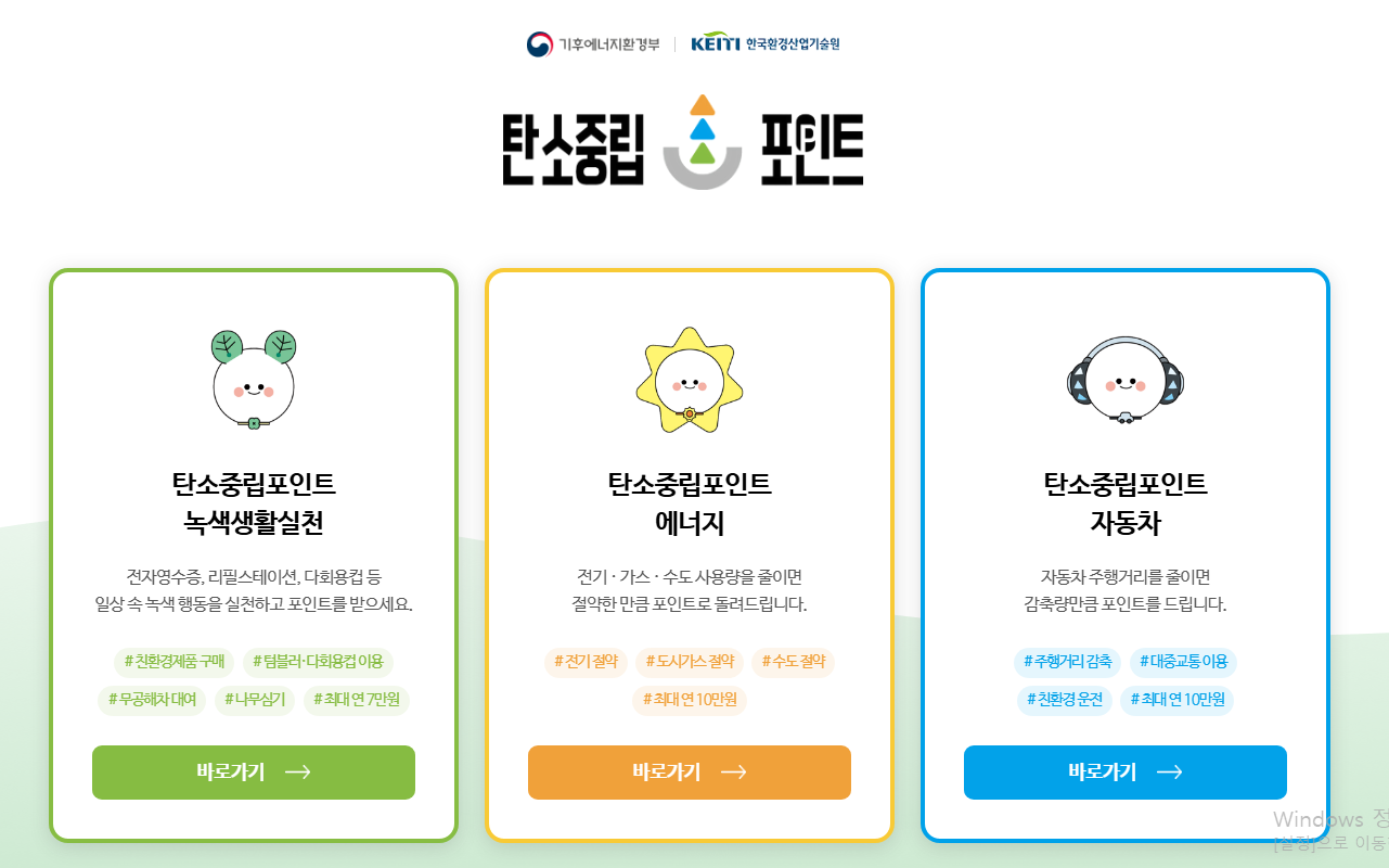 탄소중립포인트 에너지, 자동차, 녹색생활 실천 3가지 분야 공식 홈페이지 화면