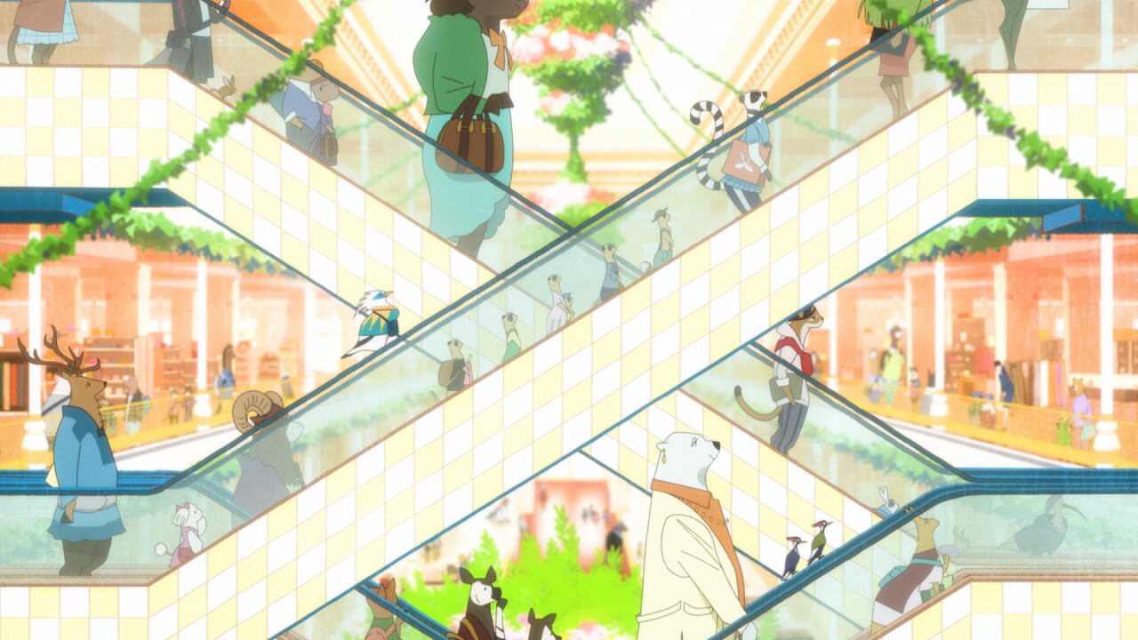 북극 백화점 에스컬레이터를 타고 있는 동물들