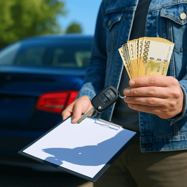 중고차 직거래 현금과 차량 키를 들고 있는 사람