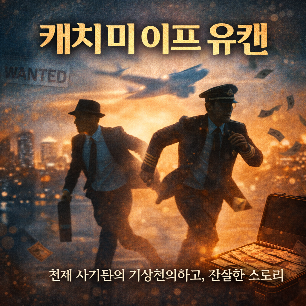 천재 사기꾼이 도망다니는 사진.
영화제목과 한줄평이 삽입되어 있음.
