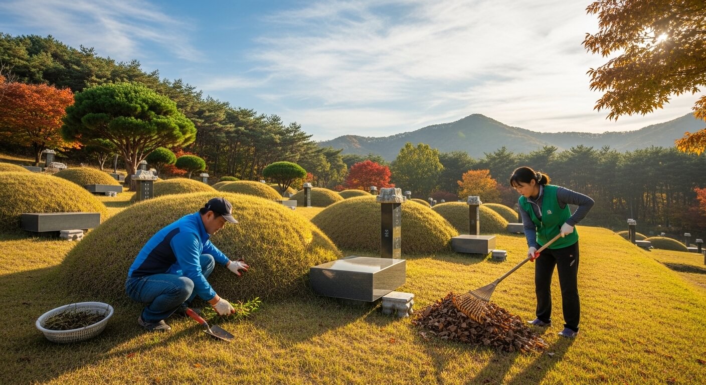 남녀가 함께 봉분 묘소 주변 풀과 낙엽을 정리하는 장면