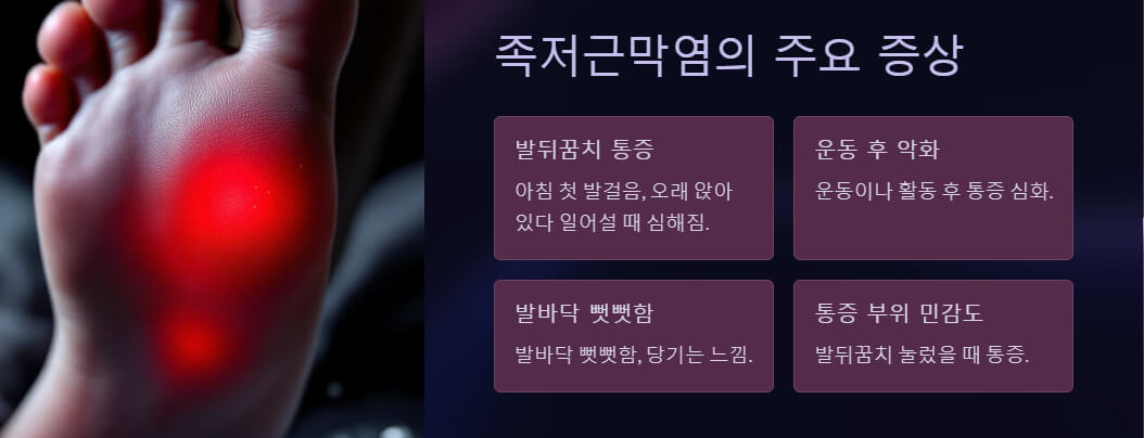 빨간색으로 강조된 발바닥 통증 부위를 보여주는 이미지와 함께 증상을 설명하는 텍스트 카드