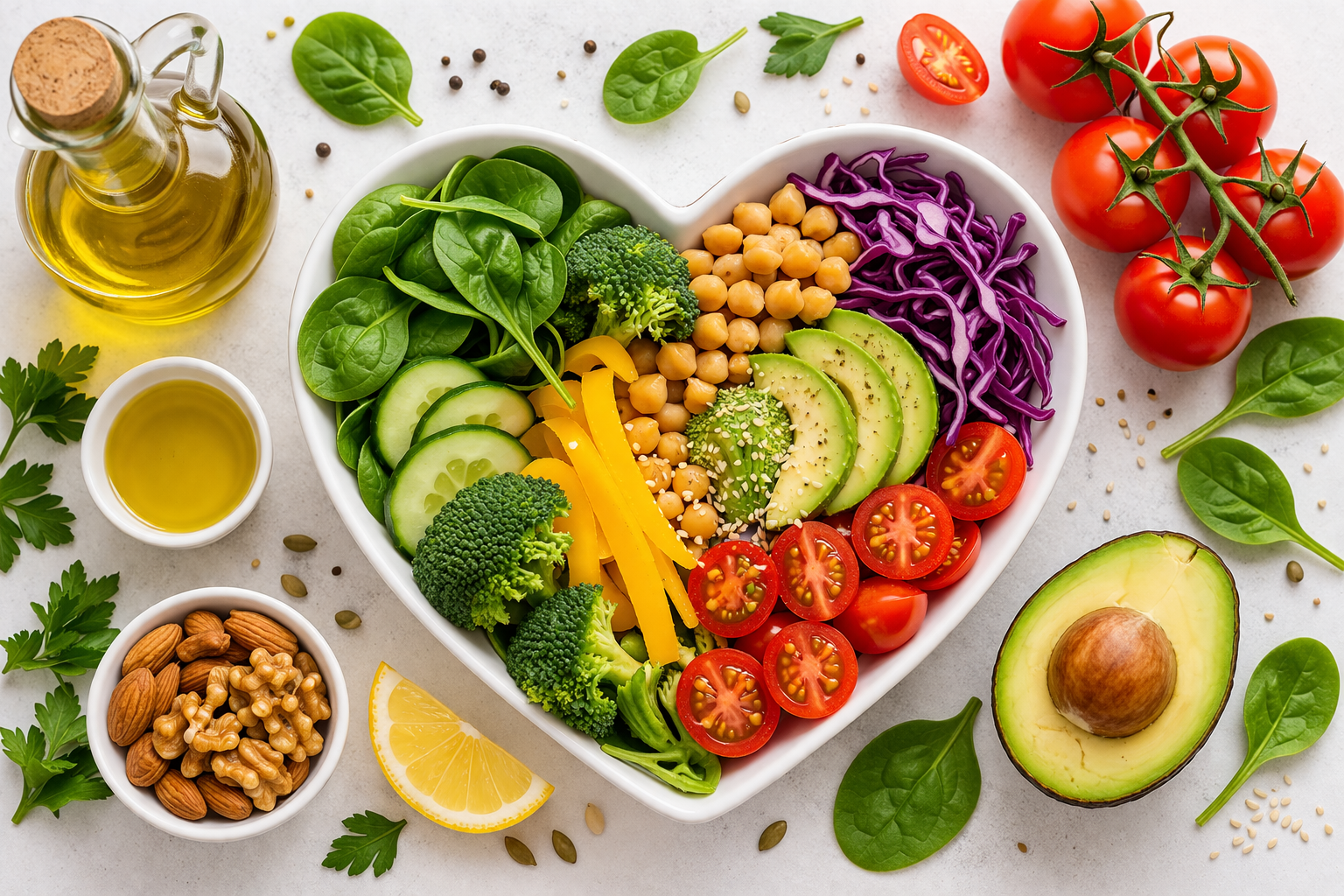 혈관에 좋은 음식 토마토 양파 올리브오일 견과류 건강식재료 이미지