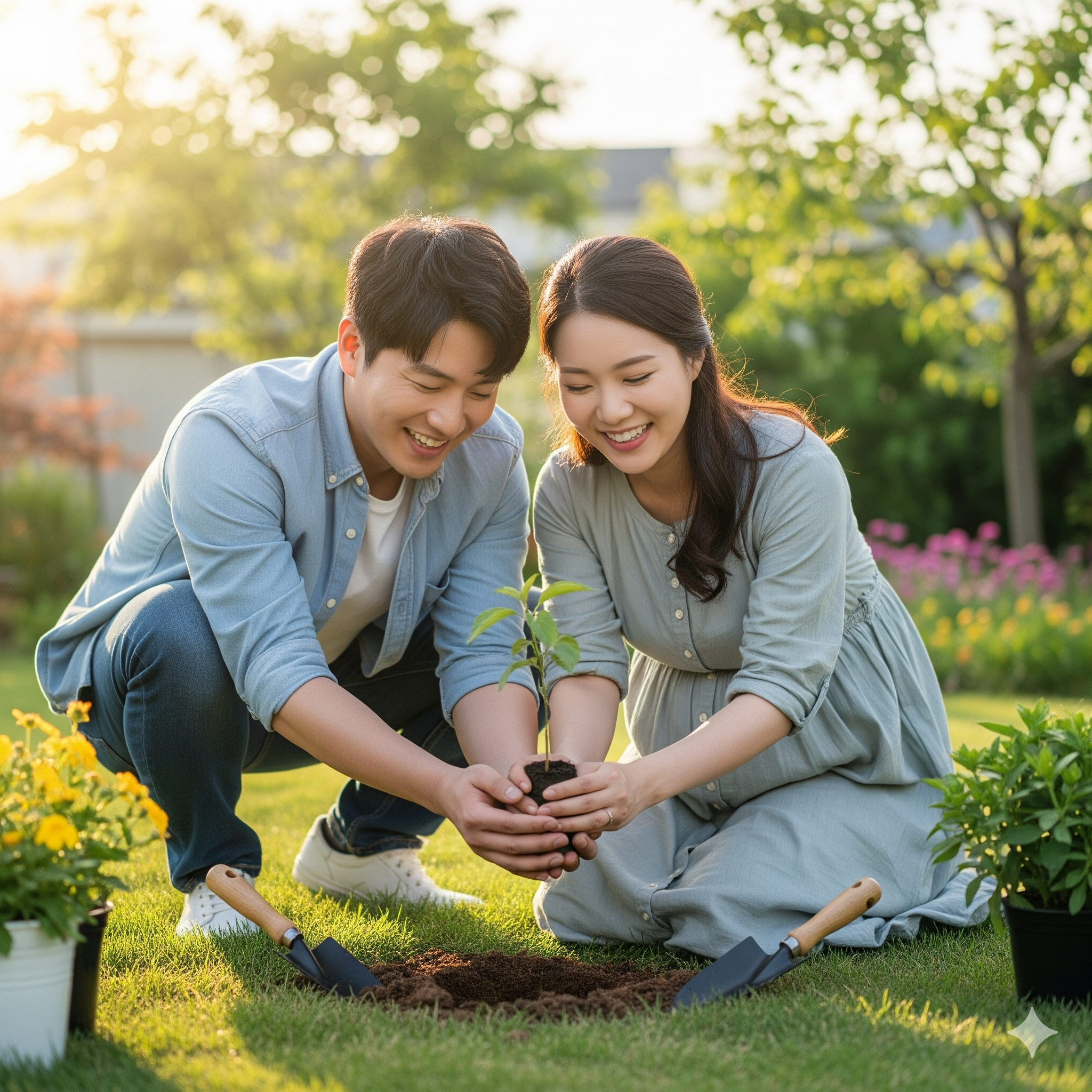 임신한 아내와 남편이 함께 작은 묘목을 심는 따뜻한 가족 사진