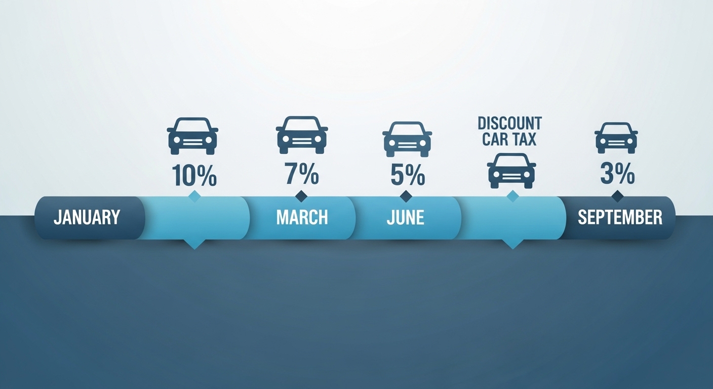 자동차세 연납 할인율을 월별로 시각화한 인포그래픽: 1월부터 9월까지 할인율이 점차 감소하는 것을 보여줌.