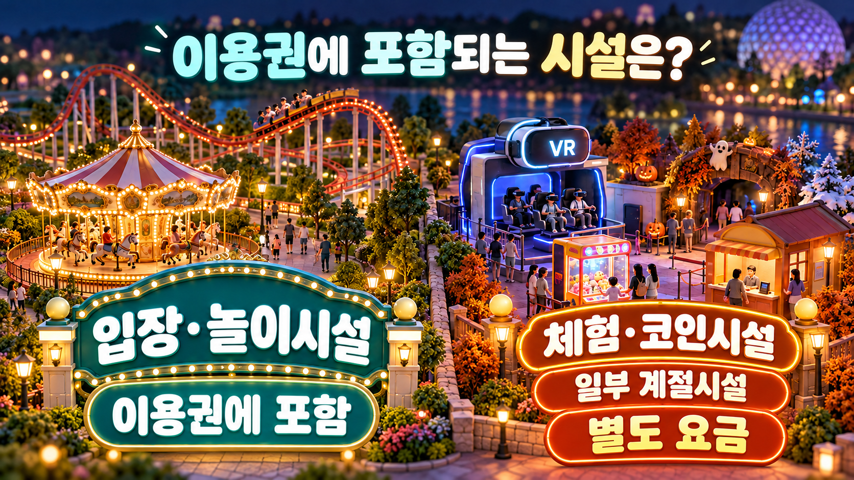 파크이용권의 놀이시설과 별도 요금이 드는 체험·코인시설 비교