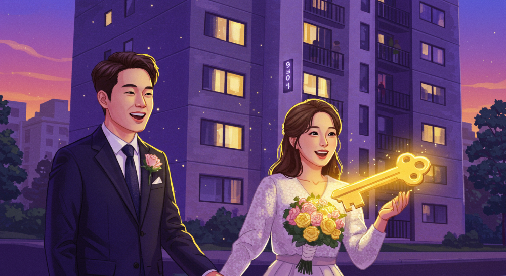 신혼부부가 새로운 보금자리 앞에서 행복하게 웃고 있는 모습, 임차보증금 지원을 통해 주거 안정을 얻은 신혼부부의 희망찬 미래를 상징.