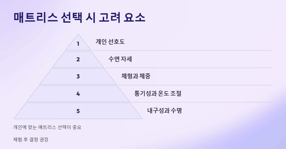 Alt 텍스트: "개인 선호도, 수면 자세, 체형과 체중 등 매트리스 선택 시 고려해야 할 요소를 보여주는 피라미드 도표