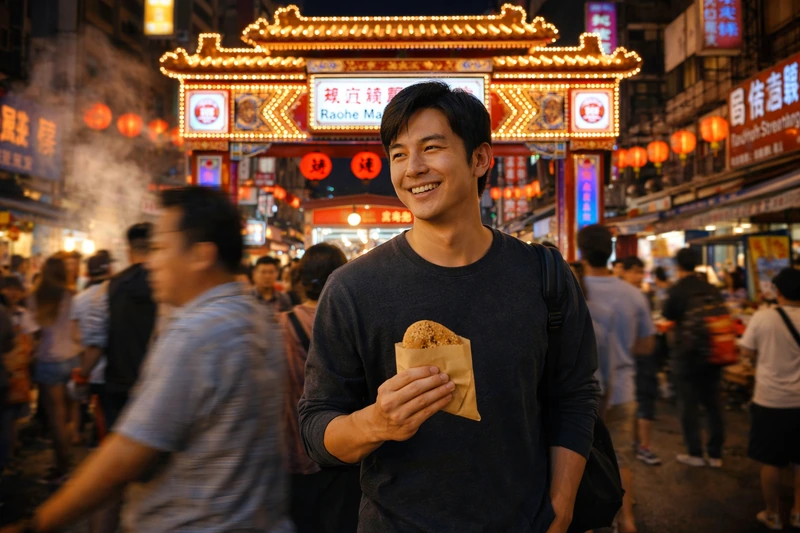 타이베이 라오허제 야시장의 화려한 입구와 붉은 등불 아래에서 후자오빙을 들고 군중 사이를 걷는 30대 한국인 남성 여행자