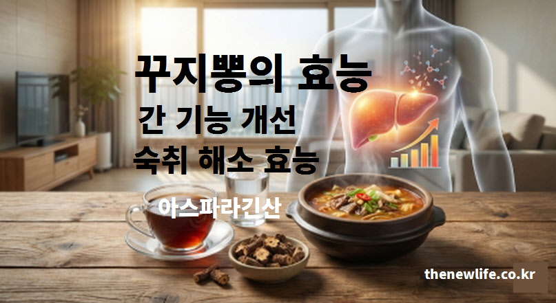 간 기능 개선과 숙취 해소에 좋은 꾸지뽕 효능 및 아스파라긴산 성분을 설명하는 이미지