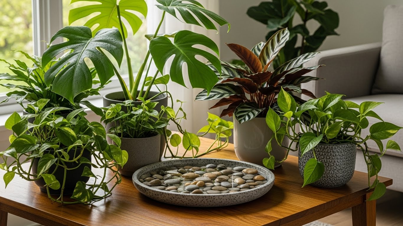 NASA가 선정한 실내 공기정화 식물인 아레카야자, 스파티필름 등이 햇살 가득한 현대적인 거실에 배치된 쾌적하고 건강한 실내 환경 이미지