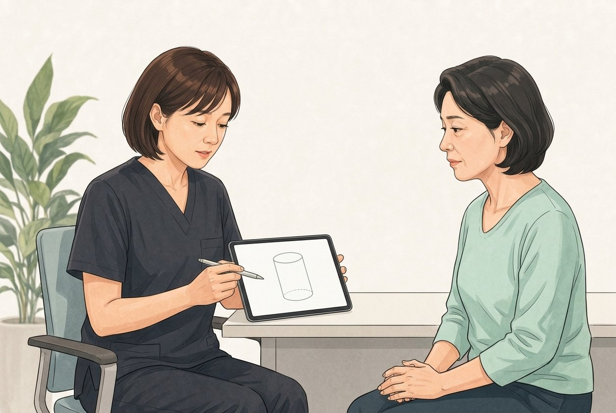 남유미 원장이 환자에게 몸통 안정성과 수면 자세의 관계를 설명하는 모습