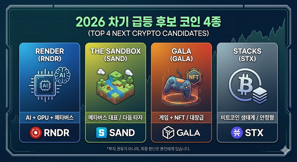 2026년 하반기 유망 알트코인 TOP 4 분석 이미지. 렌더(RNDR) AI 테마, 더 샌드박스(SAND) 메타버스 대장주, 갈라(GALA) P2E 게임 코인, 스택스(STX) 비트코인 레이어2 등 종목별 핵심 투자 포인트 정리.
