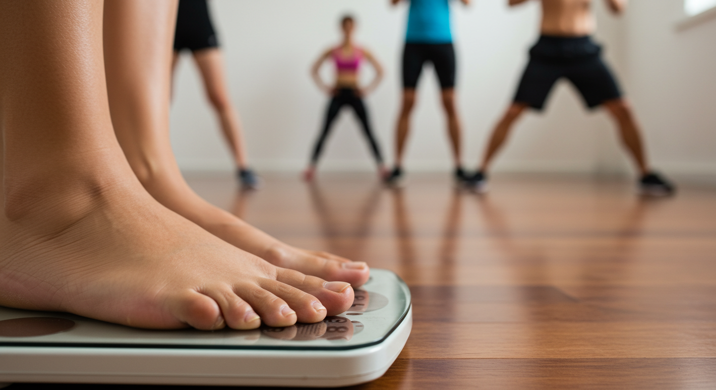 체중계에 올라서서 체중재는 사진