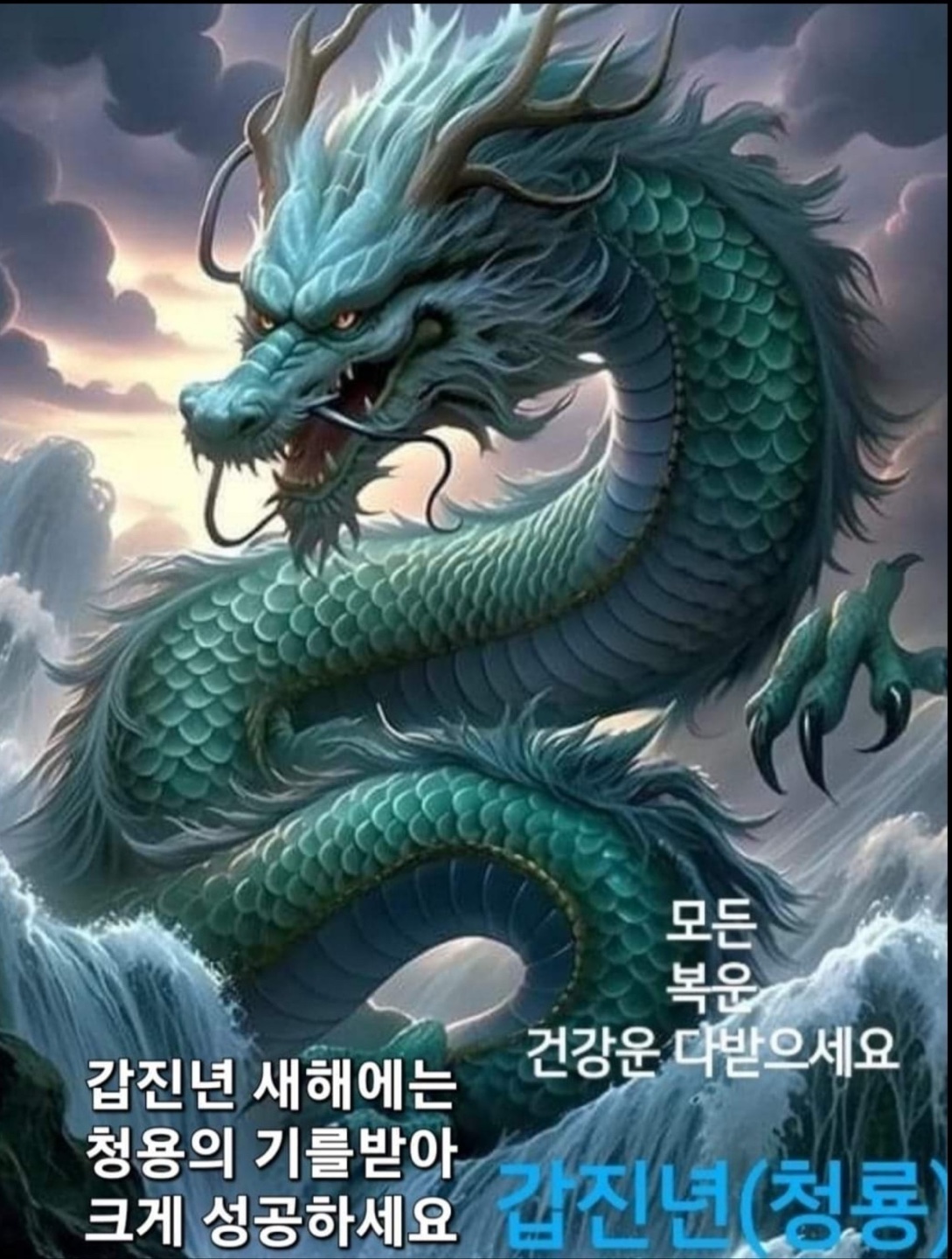 청룡의 해를 맞아 청룡의 모습이 있는 이미지이다.
&#39;갑진년 새해에는 청용의 기를 받아 크게 성공하세요&#44; 모든 복운&#44; 건강운 다 받으세요&#39; 라는 글귀가 적혀있다.