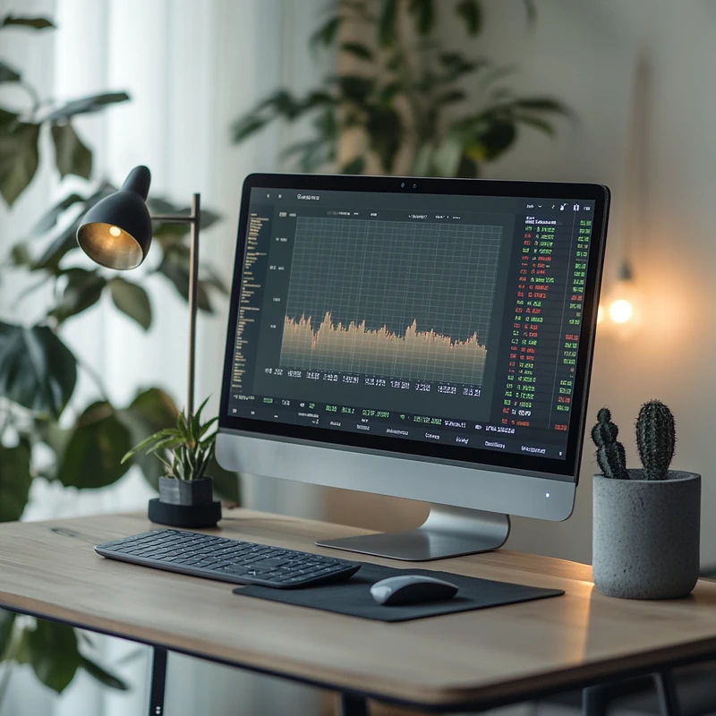 세련된 컴퓨터 화면에 나타난 글로벌 주식 시장 데이터, 안정감과 통찰력을 느끼게 하는 연출로 차분하면서도 집중적인 작업 환경을 위한 분위기
