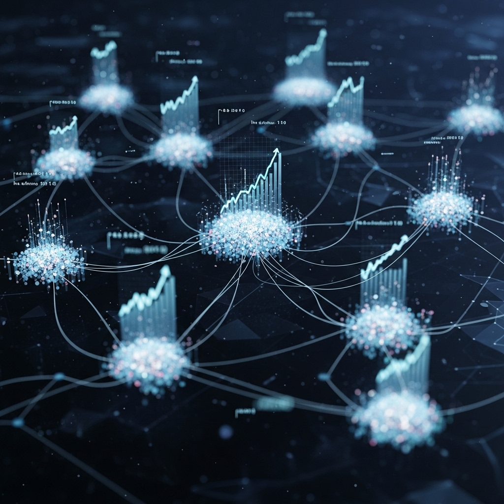 AI, DePIN, RWA, Layer 2 솔루션 등 2026년 주목받는 새로운 디지털 자산 트렌드를 나타내는 복잡하고 혁신적인 디지털 네트워크 시각화3