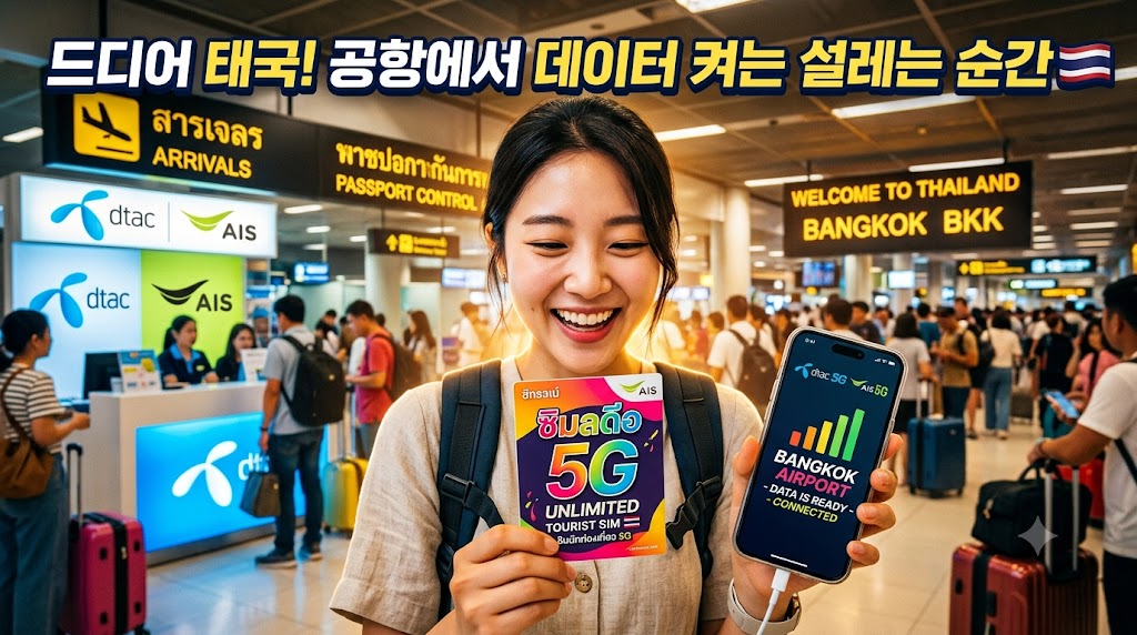수완나품 공항에서 태국 유심과 이심을 고민하는 여행객 모습