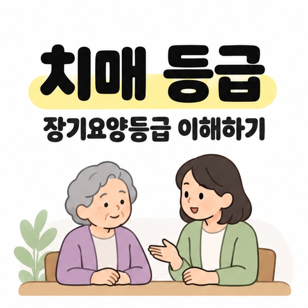 치매 등급과 장기요양등급 이해하기 제목 아래 어르신과 성인 가족이 나란히 앉아 대화하는 그림