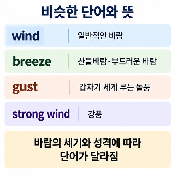 wind는 일반적인 바람 breeze는 산들바람 gust는 돌풍 strong wind는 강풍이라는 차이를 비교한 이미지