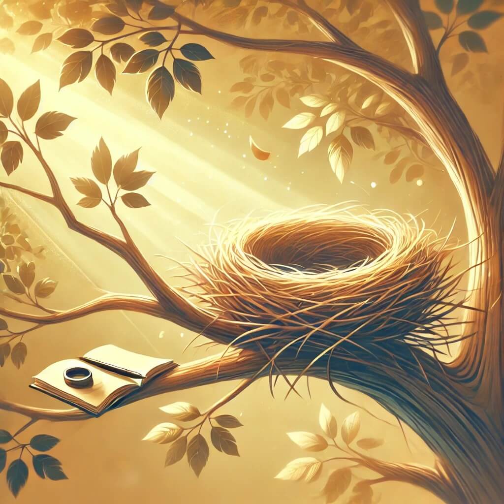 새로운 시작을 상징하는 나무 가지 위의 빈 둥지를 묘사한 빈 둥지 증후군의 이미지