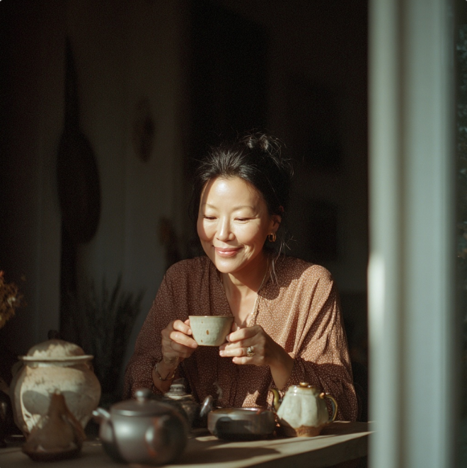 보이차에 만족한 여성