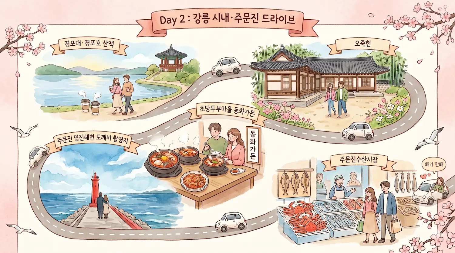 강릉 1박2일 헌화로 드라이브 커플 데이트 Day 2 동선 경포대 오죽헌 초당두부 주문진 도깨비 촬영지 수산시장 한눈에 보기