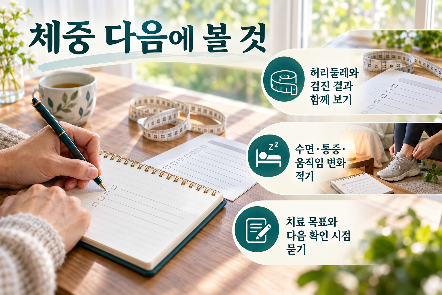 허리와 검진 결과를 함께 보고 수면&middot;통증&middot;움직임 변화를 적은 뒤 치료 목표와 다음 확인 시점을 준비하는 건강 기록 수첩