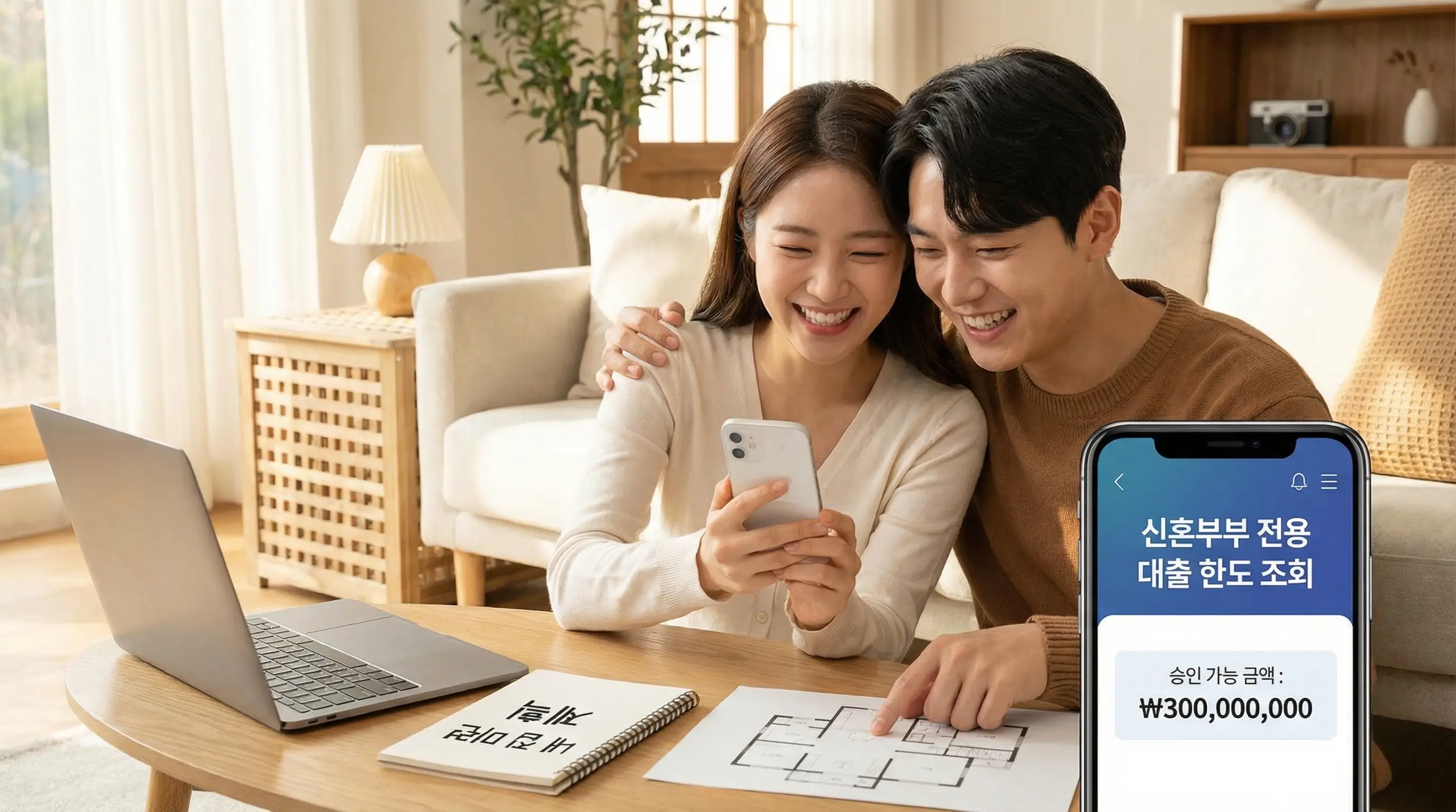 스마트폰으로 신혼부부 전용 대출 상품 한도를 조회하고 내 집 마련 계획을 세우는 행복한 부부의 모습