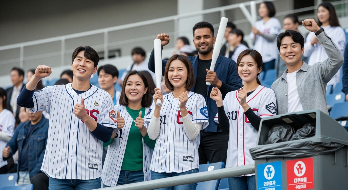 KBO 야구장에서 다양한 팬들이 올바른 응원 매너를 지키며 경기를 즐기는 모습