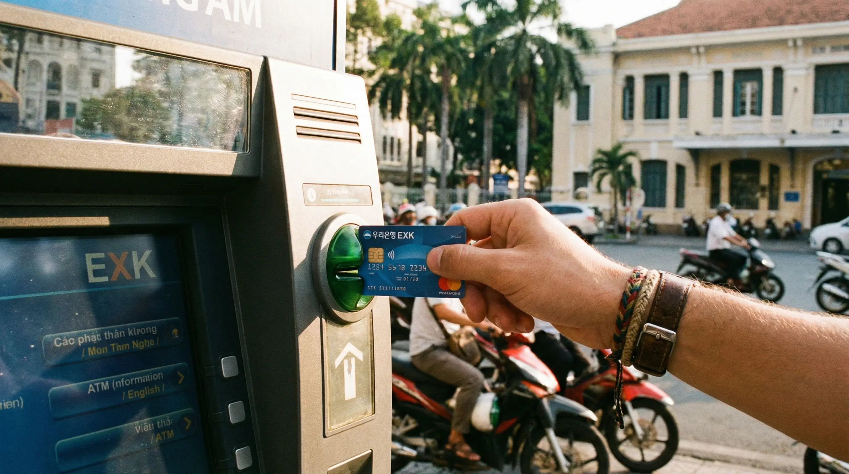 베트남 호치민 거리의 ATM기에서 우리은행 EXK 카드로 현금을 인출하는 여행객의 손 클로즈업