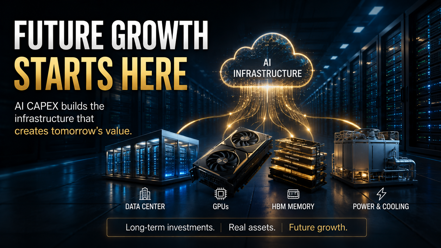 AI CAPEX concept showing long-term investment in AI data centers, GPUs, HBM memory, and infrastructure for future growth.