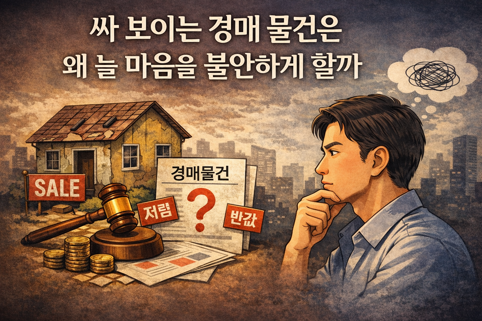 싸 보이는 경매 물건을 바라보며 고민하는 모습과 경매망치, 경매물건 문서가 함께 있는 대표 이미지