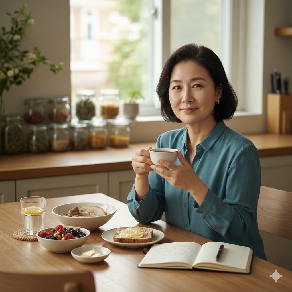 50대 여성의 언어 표현 능력 개선을 위해 뇌 대사를 방해하는 고당류 성분을 제한하는 식단 관리 기록