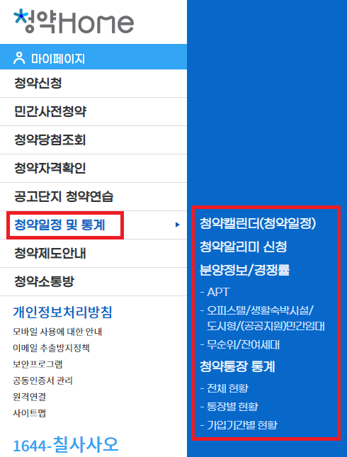 청약홈에서 청약일정 및 통계 메뉴에서 청약에 대한 정보를 확인할 수 있다.
