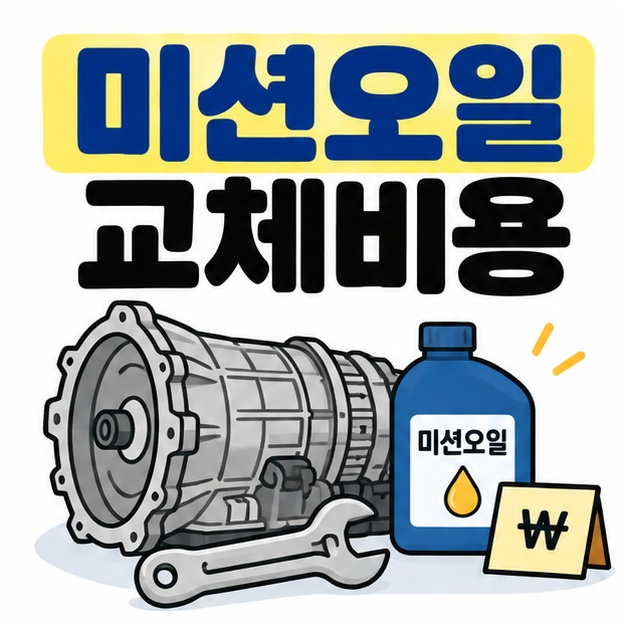 미션오일 교체비용 문구와 자동변속기, 오일통, 원화 가격표 아이콘을 보여주는 대표 카드