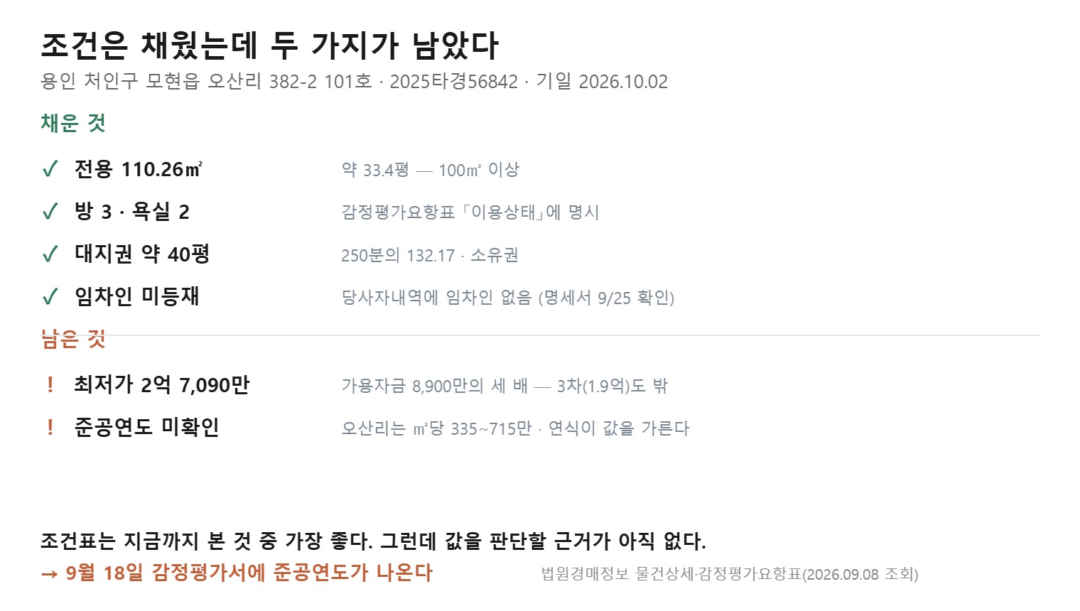 모현읍 오산리 빌라가 조건에 맞는지 정리한 조건표 도식 (직접 작도)
