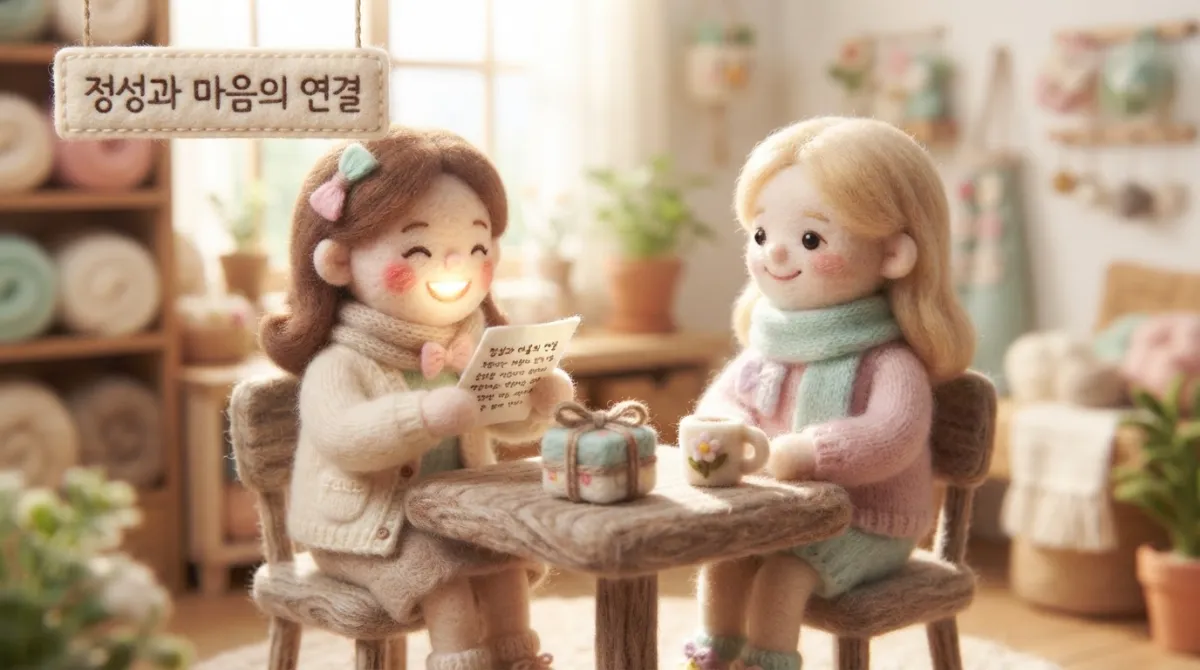 카페 테이블에서 손편지와 함께 정성 어린 선물을 나누며 따뜻한 유대감을 형성하는 두 인형의 순간
