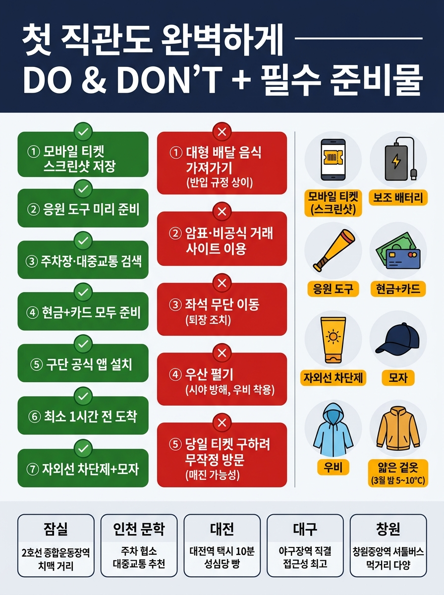 2026 프로야구 직관 준비 DO 7가지 체크리스트: ① 예매 확정 후 모바일 티켓 스크린샷 저장(통신 불안 대비), ② 응원 도구(막대풍선·응원 타올) 미리 준비 또는 구장 매점에서 구매, ③ 구장 주변 주차장·대중교통 미리 검색(개막전은 주차장 조기 마감), ④ 현금+카드 모두 준비(일부 구장 매점은 현금만 가능한 곳 있음), ⑤ 구단 공식 앱 설치(실시간 라인업·이벤트·할인 쿠폰 확인), ⑥ 경기 시작 최소 1시간 전 도착(개막전은 기념행사·시구 이벤트 있음), ⑦ 자외선 차단제+모자 챙기기(3월 말 낮 경기 시 햇볕 강함). DON'T 5가지: ① 외부 음식 반입 금지 구장에 대형 배달 음식 가져가기(구단별 반입 규정 상이), ② 암표·비공식 거래 사이트 이용(사기·무효 티켓 위험), ③ 경기 시작 후 좌석 이동(지정석 경기에서 다른 좌석 무단 점유 시 퇴장 조치), ④ 우산 펴기(비 올 때는 우비 착용, 우산은 뒷좌석 시야 방해), ⑤ 개막전 당일에 티켓 구하려고 무작정 구장 방문(매진 가능성 매우 높음). 필수 준비물 8종 아이콘: 모바일 티켓(스크린샷), 보조 배터리, 응원 도구, 현금+카드, 자외선 차단제, 모자, 우비(비 예보 시), 얇은 겉옷(3월 밤 기온 5~10°C). 구장별 꿀팁 한 줄: 잠실(2호선 종합운동장역 하차, 게이트 열리면 치맥 거리 먼저 확인), 인천 문학(인천 1호선 문학경기장역, 주차장 협소→대중교통 강력 추천), 대전 한화생명이글스파크(대전역에서 택시 10분, 성심당 빵 사 가면 인싸), 대구 삼성라이온즈파크(대구 2호선 야구장역 직결, 접근성 최고), 창원 NC파크(창원중앙역에서 셔틀버스 운행, 구장 내 먹거리 다양).