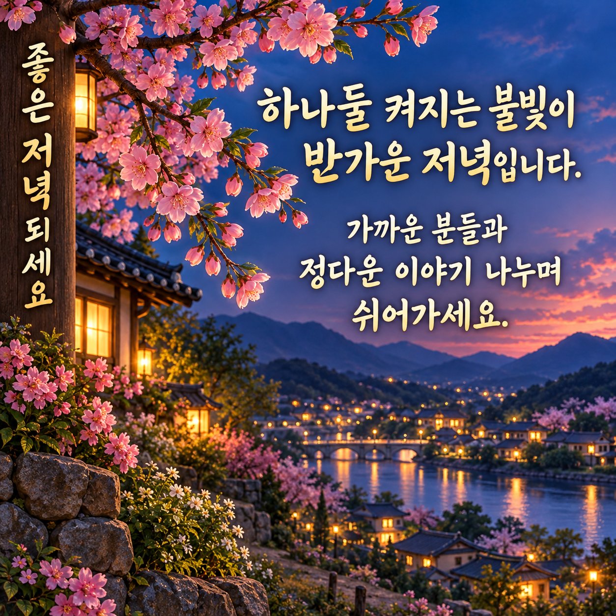 저녁에 보내는 카톡 인사말 이미지 22 — 하나둘 켜지는 불빛이 반가운 저녁입니다. 가까운 분들과 정다운 이야기 나누며 쉬어가세요.