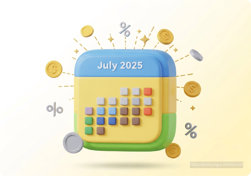 2025년 7월 달력과 동전, 퍼센트 기호가 함께 있는 3D 일러스트레이션